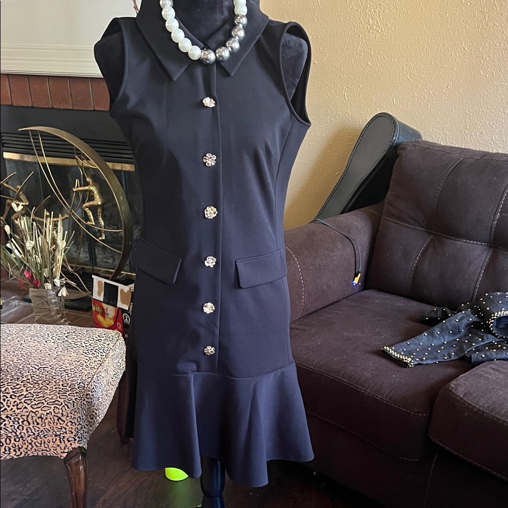 Karl Lagerfeld Black Midi Dress with Pearl Buttons